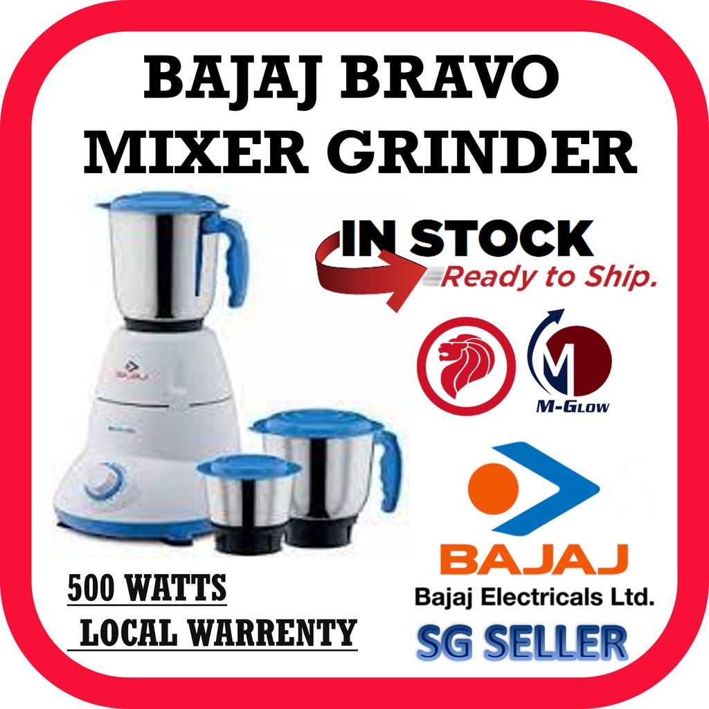 (SG Seller) Bajaj Bravo Dlx 500Watt Mixer Grinder (White/BLUE