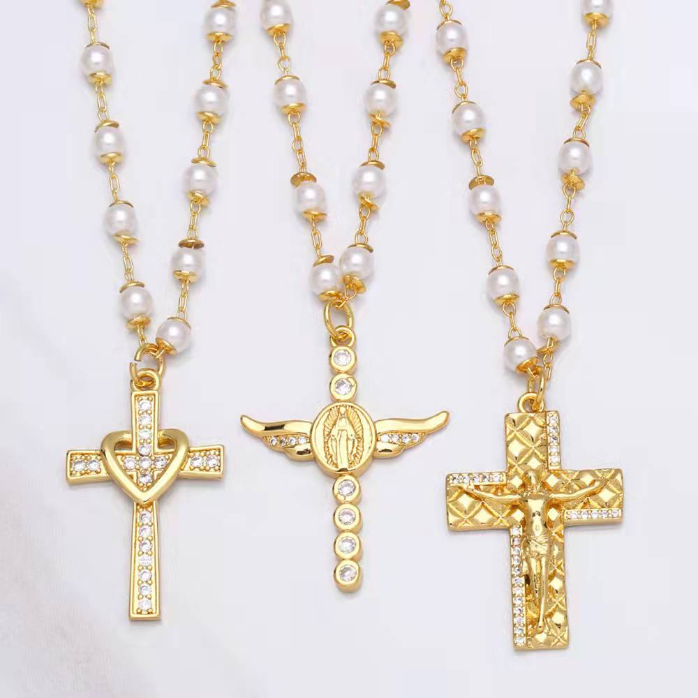 GOLD STAR Jesue Cross Heart Pendant Necklace Pearl Chain Women Jewelry