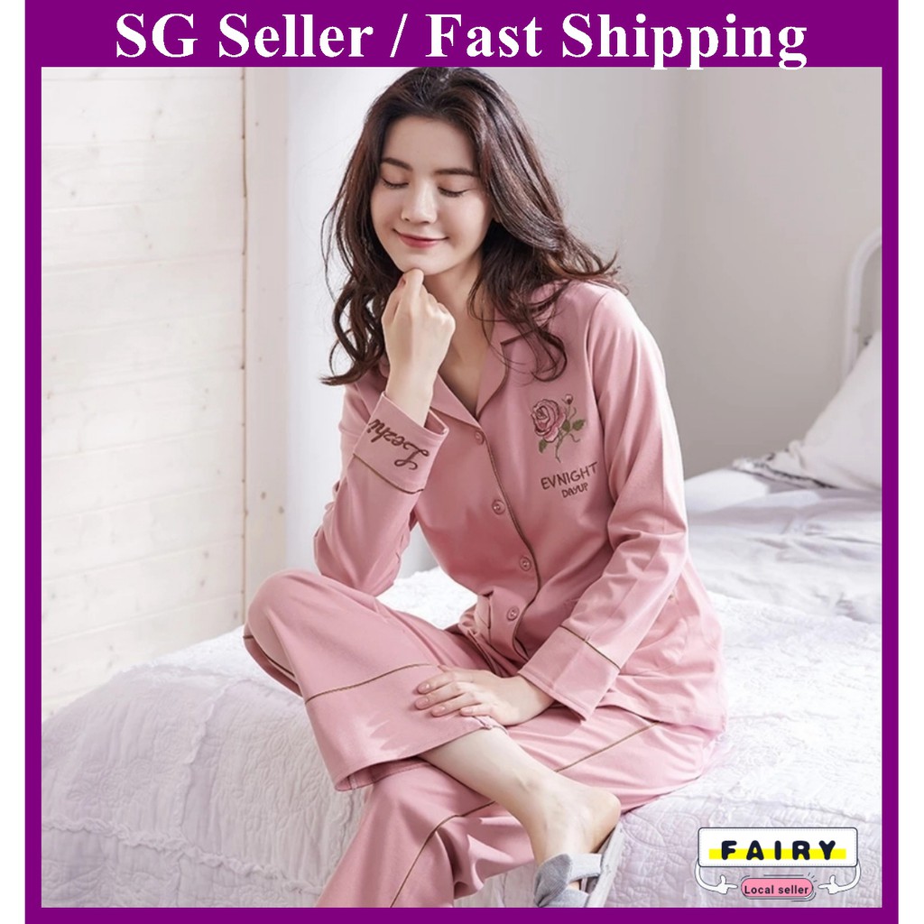 SG Seller) Women Pajamas Turn-Down Collar Pyjamas Set Long Sleeve