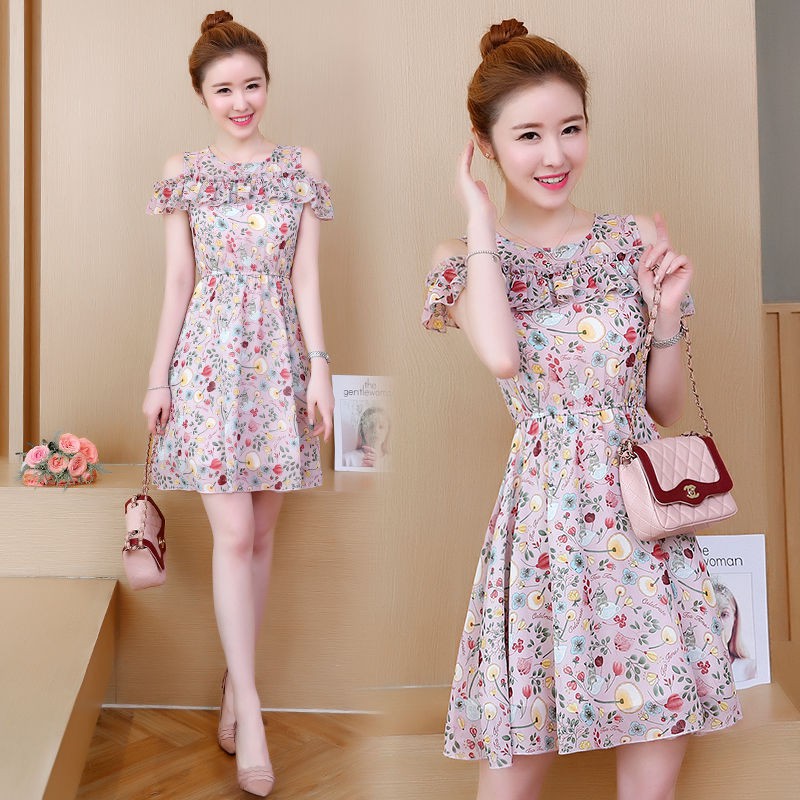 Chiffon Floral A Line Dress Summer Fashion Short Sleeve Off Shoulder ...