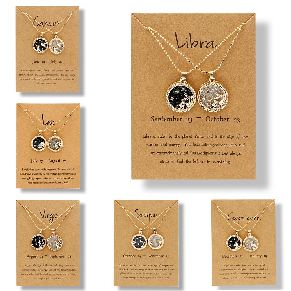 2Pcs 12 Constellation Star Day & Night Zodiac Sign Couple Pendant Necklace Gift Wholesale Jewelry