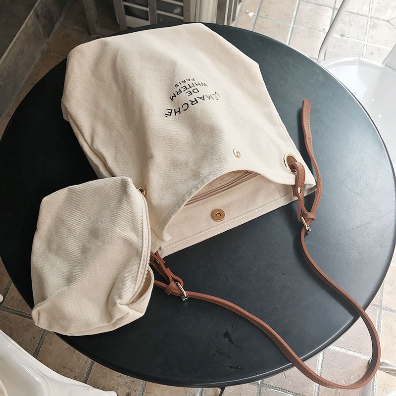 Korea Minimalist Canvas Bag Shoulder Letter Shopping Mother Fashion Simple Stitching Crossbody Side