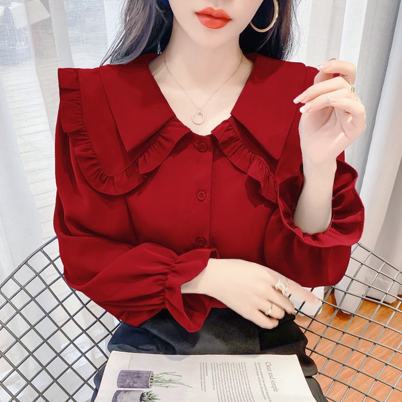 Long Sleeve Shirt Women Plus Size Loose Red Blouse Korean Style New Fashion Simple Ladies Tops