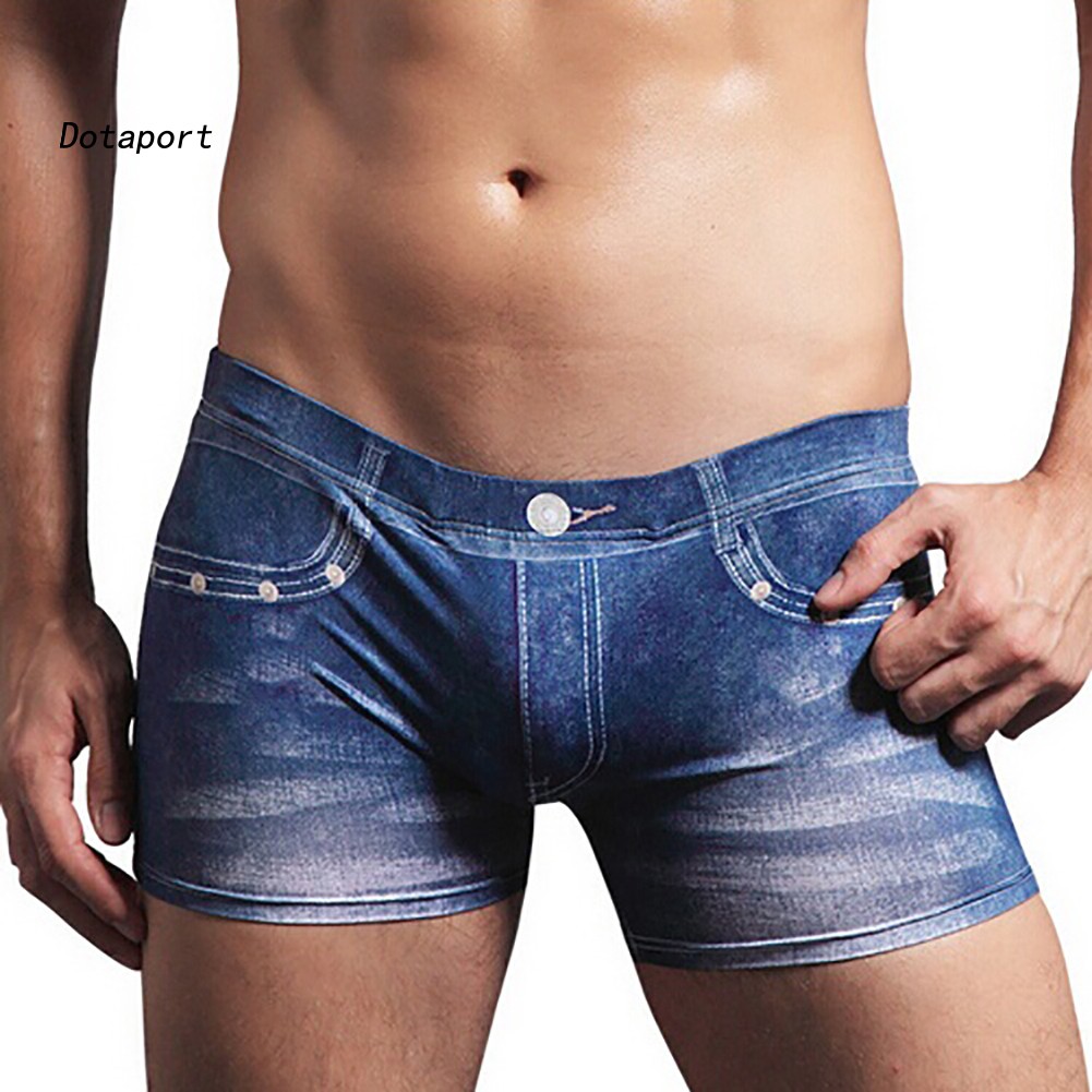 Mens Shorts Boxers Denim Pattern Fake Jeans Print Cotton Men