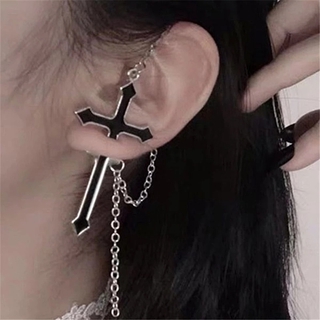 1Pc Punk Hip Hop Metal Chain Ear Cuff Creative Cross Tassel Men Earring  Jewelry Accessories 