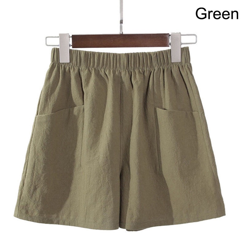 2022 Women Loose Shorts Summer Elastic Waist Cotton Linen Solid Color ...