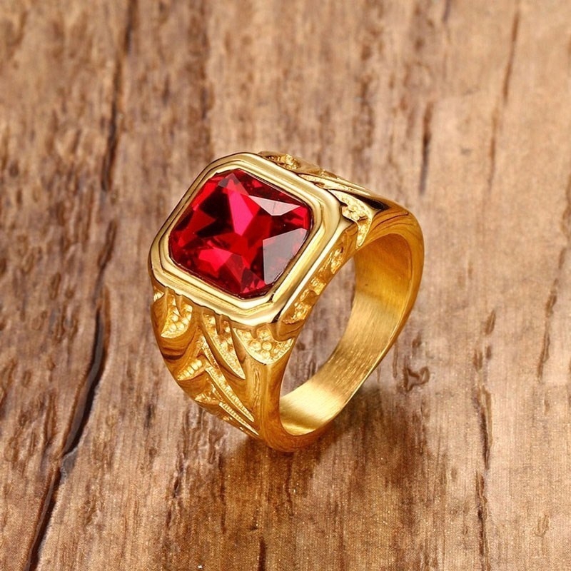 Mens gold ring red on sale stone