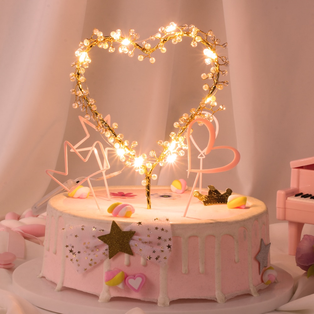 1PC Heart Shape LED Lighting Pearl Cake Toppers Baby Happy Birthday ...