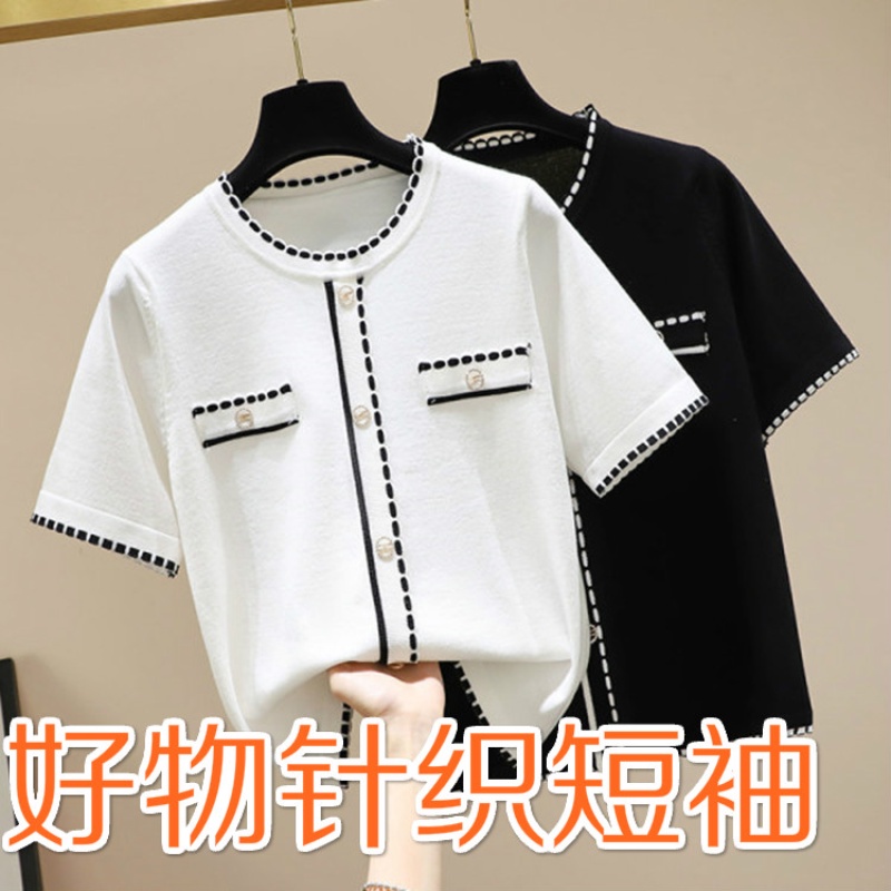 【现货新款 短袖针织小香风上衣女装】 Ready stock New short-sleeved small fragrant knit t-shirt summer new thin short section contrast button round neck temperament top women's clothing