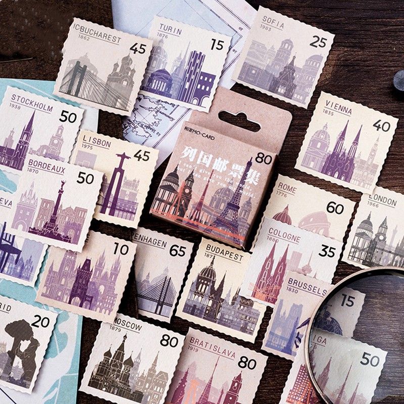46pcs Stamp Collection Stickers Set Vintage Mini Commemorative Postage ...