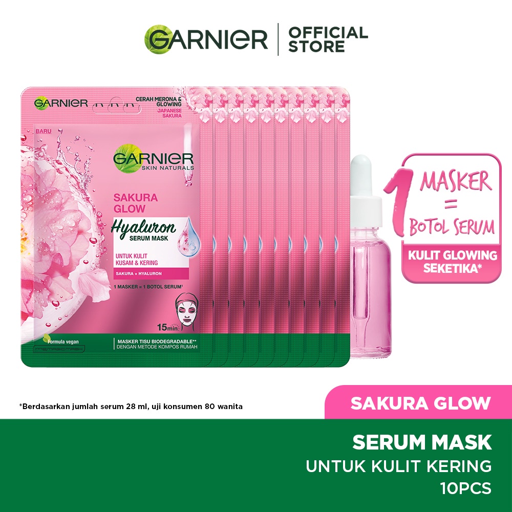 GARNIER Hyaluron Hydrating Sheet Mask Skin Barrier Serum Masker Wajah Sakura Glow 10 Pcs Lebih Hemat skincare