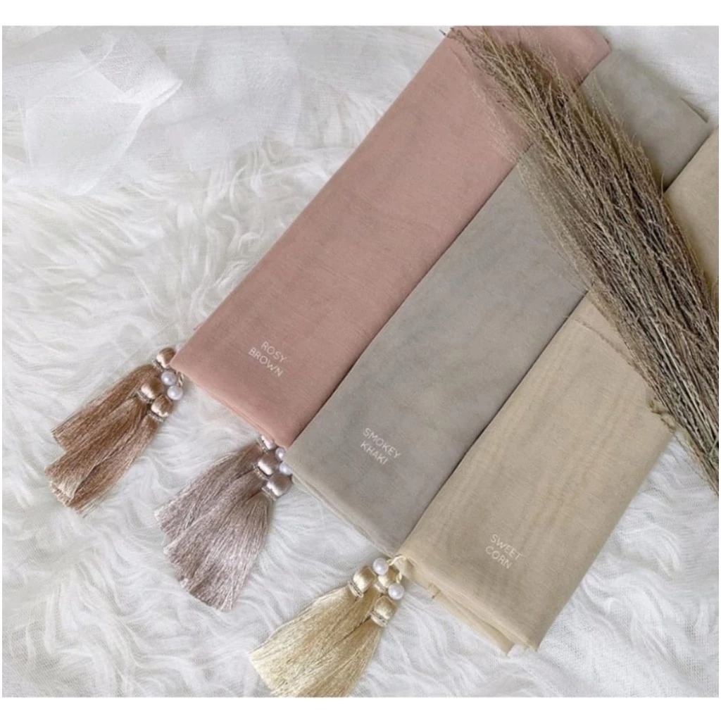 Hijab Segiempat Laser Pompom Tassel Mutiara / Jilbab Segi Empat Jambul Oscara Polos - Gambar 2