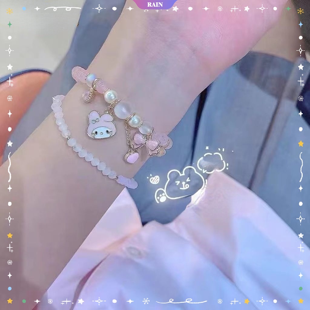 Kawaii Sanrio Cinnamoroll Kuromi My Melody Pom Pom Purin Girly Sweet Bracelet Double Pendant Elasticity Beaded Bracelet Women's Party Jewelry [RAIN]