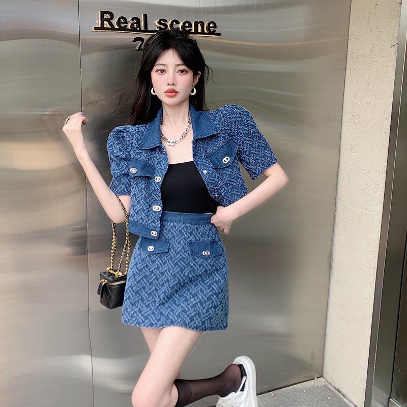 Hong Kong Style Fashion Denim Suit Summer Women's Clothing 2022 New High-End Shirt Half-Length Skirt Two-Piece