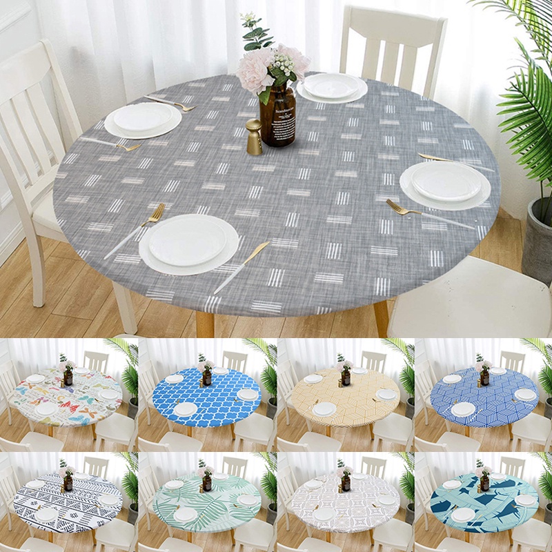 Round Waterproof Nonslip Elastic Tablecloth Classic Pattern Table