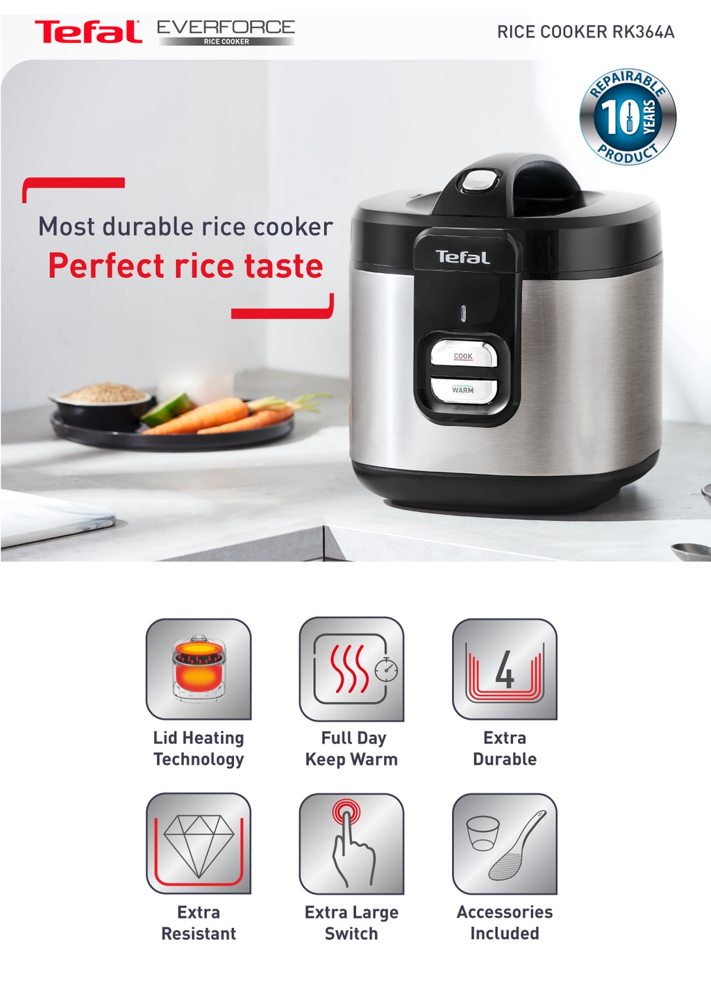 Tefal Mechanical Rice Cooker 2L RK364A – 4-layer, Non-Stick Inner Pot ...