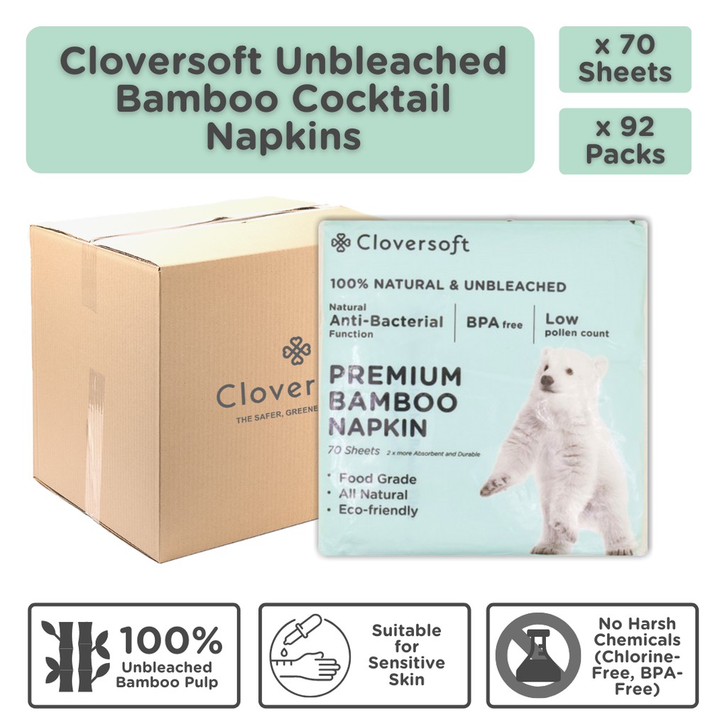 [92 x Packs] Cloversoft PlantBased Unbleached Bamboo Cocktail Napkins