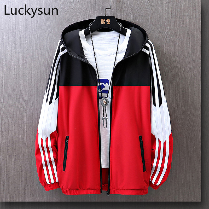 [Ready Stock] Summer Color Contrast Sun Protection Clothing Long Sleeve Stripe Hooded Sports Jacket