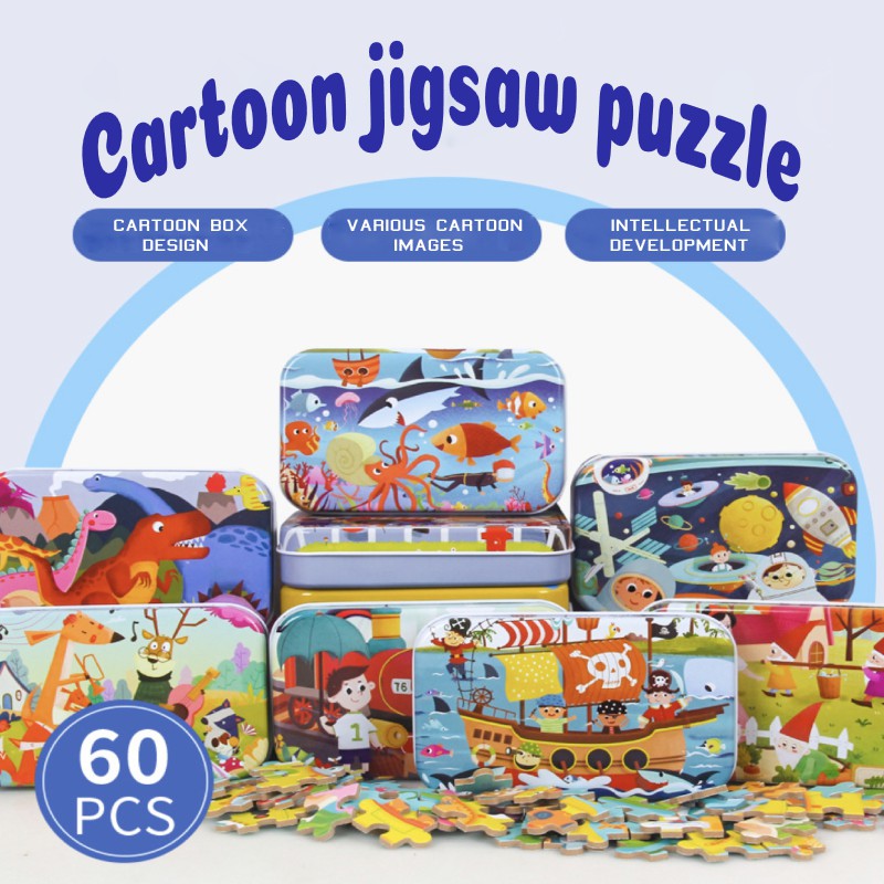 Jigsaw Puzzle 60 Pieces With Metal Tin Case Wooden Cartoon Early Educational Learning Education Toy Puzzle Gift For Kids