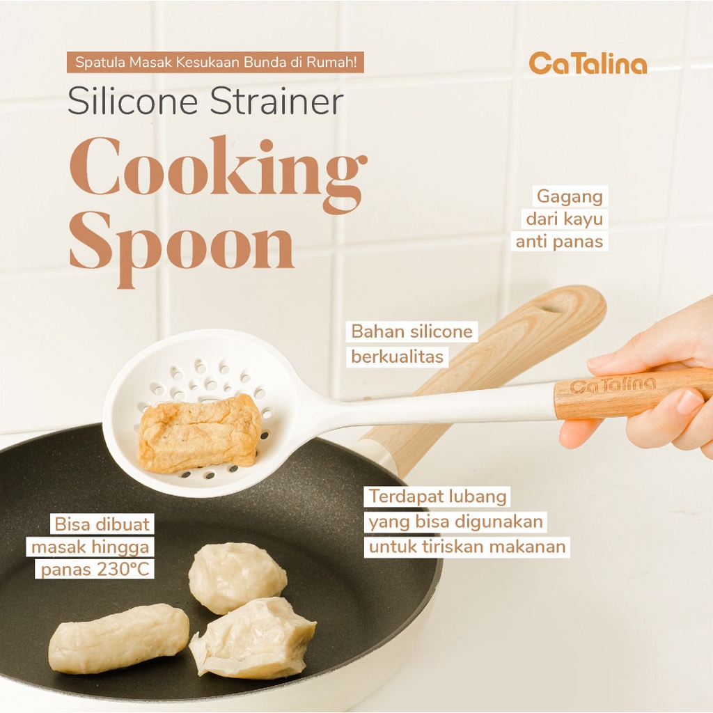 Spatula Sutil Irus Berlubang Silicone Handle Kayu Non-Stick Tahan Panas - Gambar 2