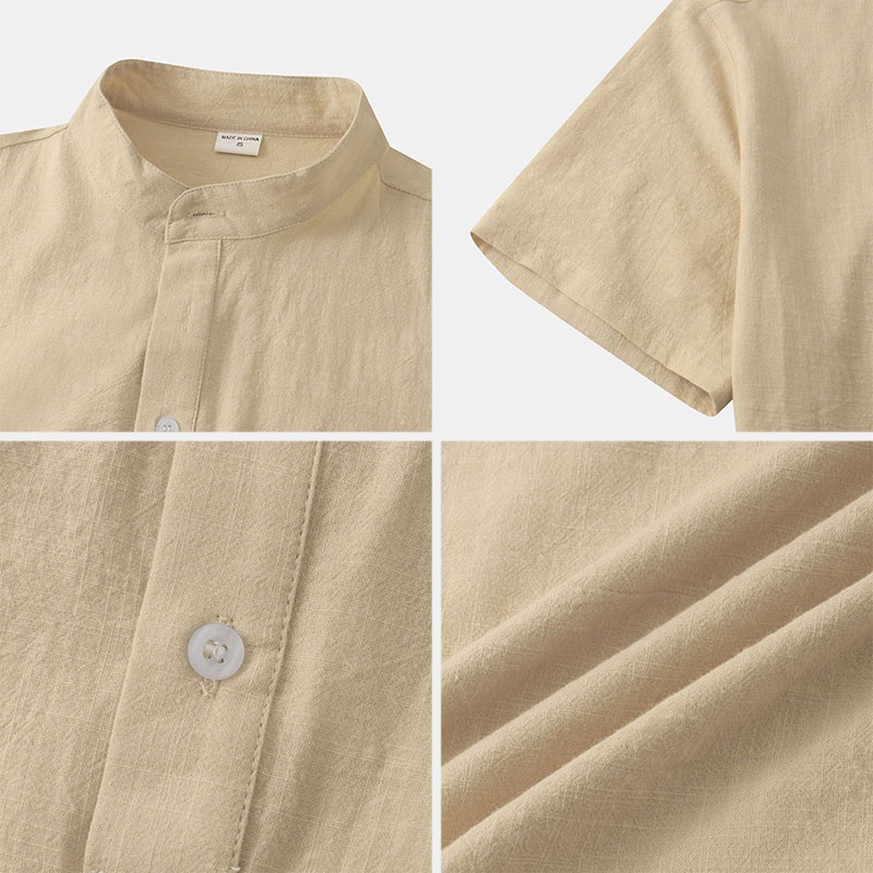 Men's Casual Solid Color Short Sleeve Pullover Shirt Linen Stand Collar ...