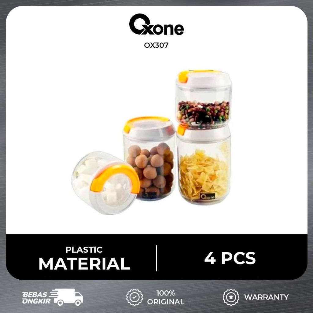 OXONE OX307 Toples Kue Makanan Vacuum Glass Jar 4 Pcs Wadah Makanan Tempat Penyimpanan Plastic Storage / Garansi
