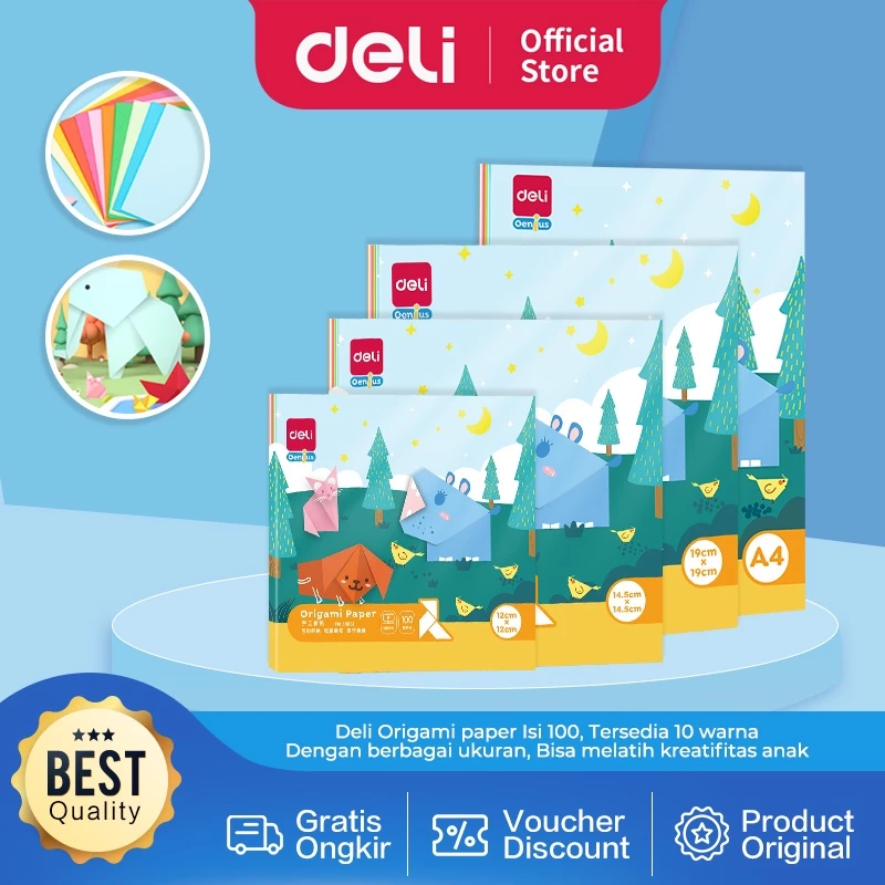 Deli Origami Paper / Kertas Lipat Origami 100 pcs 10 Warna Berbagai Ukuran 8363X - Gambar 2
