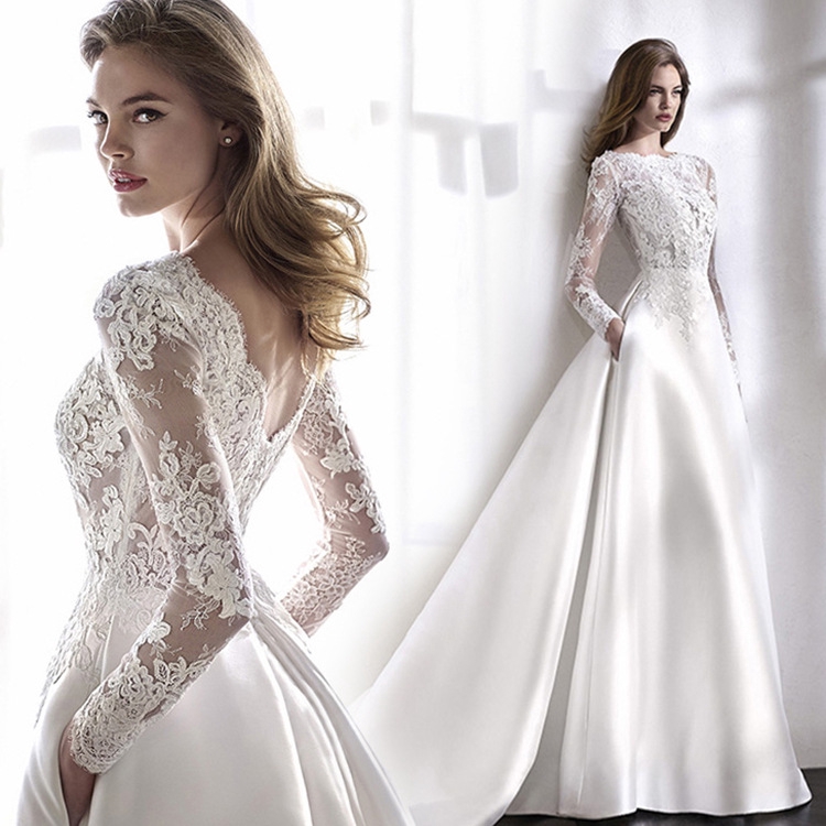 Elegant France Palace Lace Bridal Wedding Ball Gown Women Long Sleeve Formal Engagement A Line Tail Princess Bride Girl Satin Maxi Dresses Shopee Singapore