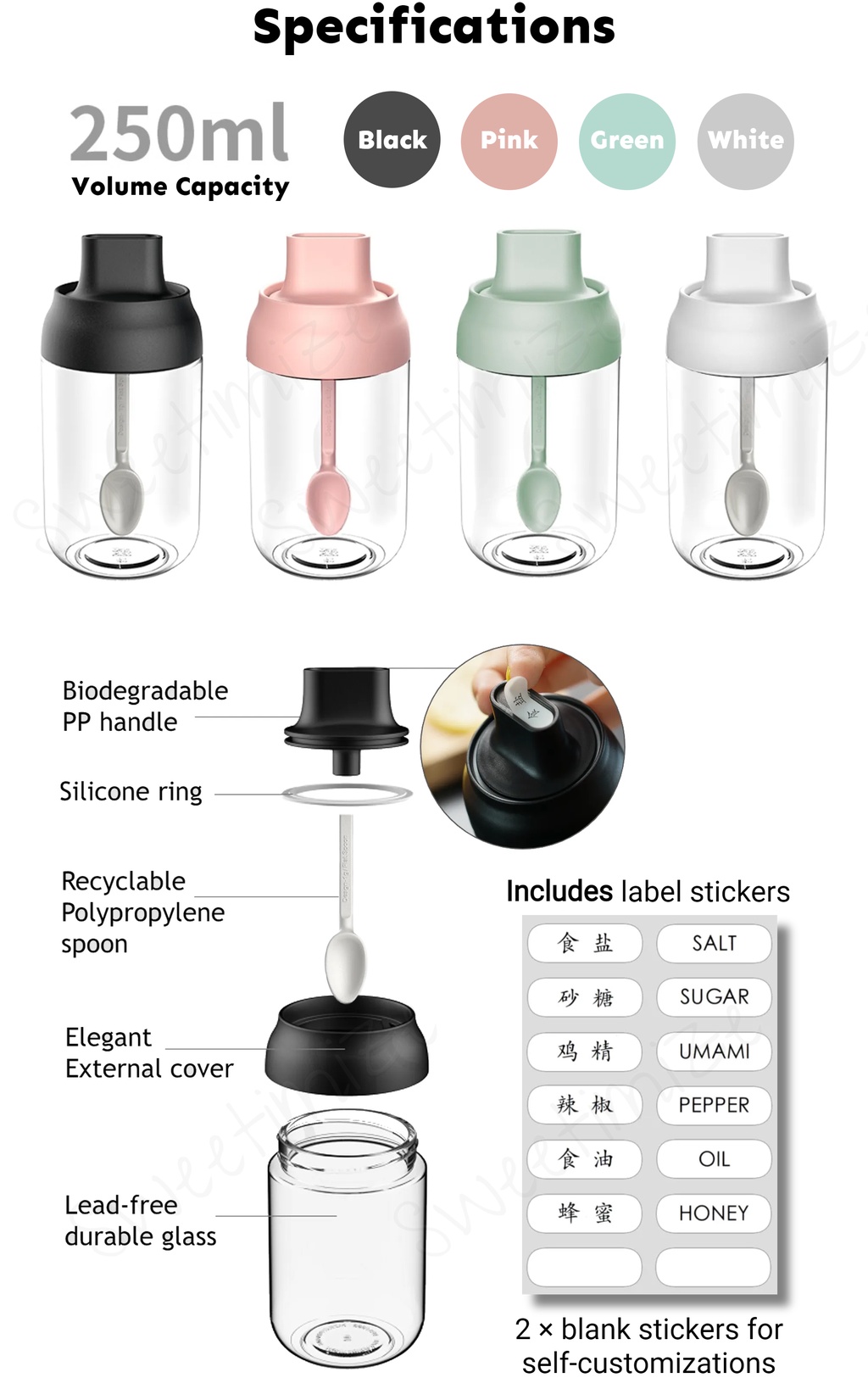 Mezchi 2 Pack Glass Condiment Pot, 12 Ounce Gold Spice Jars With Spoon, Seasoning Box Set Salt Container, Sugar Dispense, Kitchen Containers For Flour And Sugar - View #6