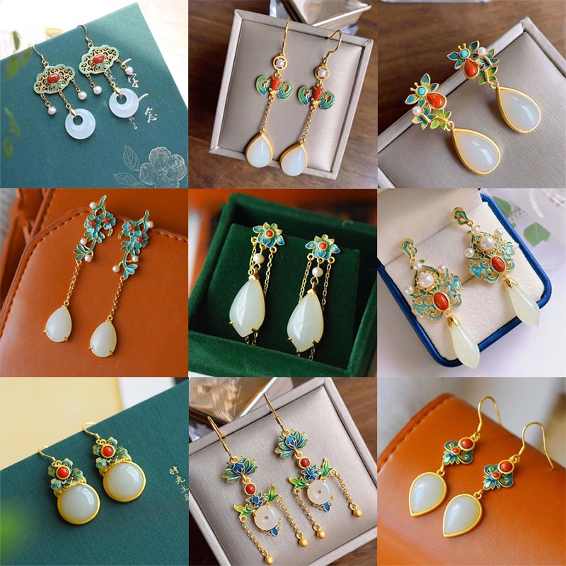 Panaoben?925 Earrings Natural Hetian Jade Enamel Porcelain 925 Sterling Silver Vintage Korean Earing Storage Earrings Stud for Women ​stud Luxury Sterling Gold-plated Men Fashion Accessories Butterfl 
