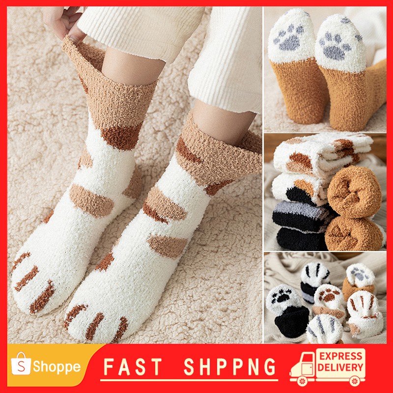 Women Cute Cat Claws Floor Socks Thick coral fleece sleep socks Fashion ...