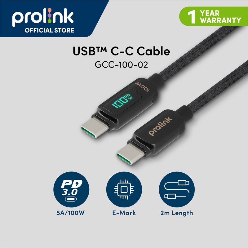 Prolink 100W 5A Fast Charging USB Kabel Data Type C l Digital Display l E-MarkChip l 2M - Gambar 2