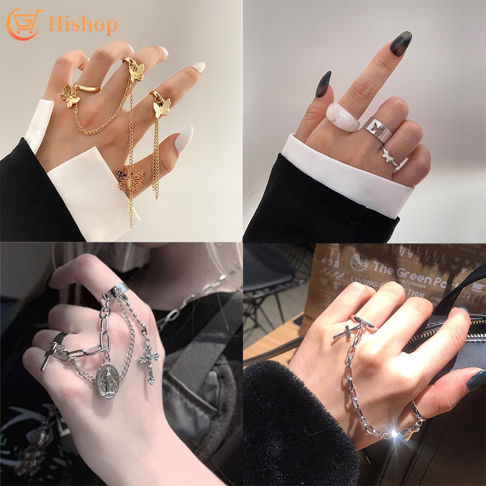 Punk Cool Hiphop Chain Rings Pearl Butterfly Fashion Adjustable Open Rings for Women Accessories Jewelry