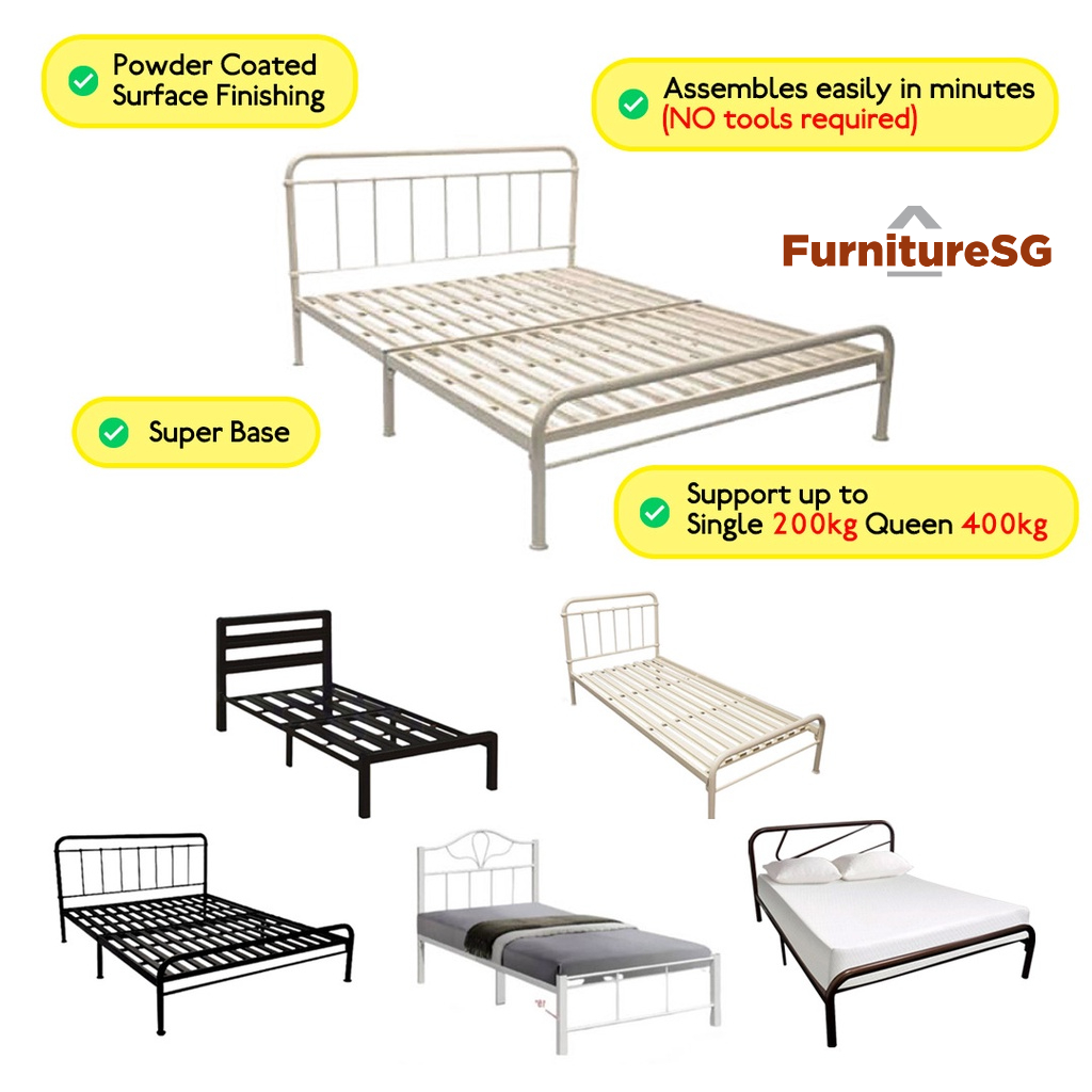 (FurnitureSG) Extra Strong Base Heavy Duty Metal Bed Free Assembly ...