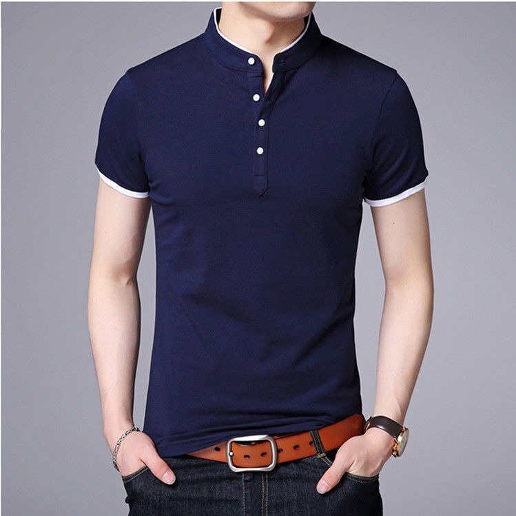 Men's Long Sleeve T-Shirts Half Buttons Stand Collar Cotton Pullovers ...