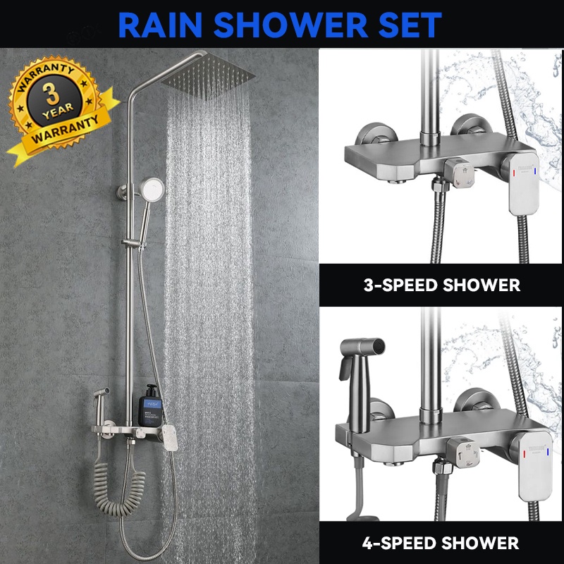 RUNZE 3 in 1 Stainless Steel Rain Shower Set Wall Mounted Faucet Shower with Rainfall Shower