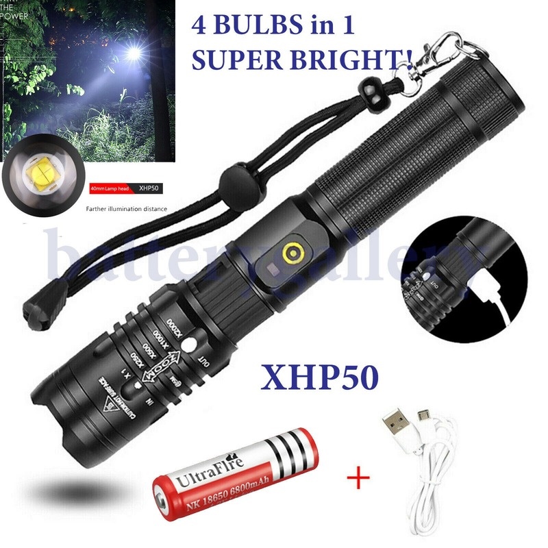 XHP50 Flashlight Zoom 990000LM Rechargeable USB Xenon Torch Super ...