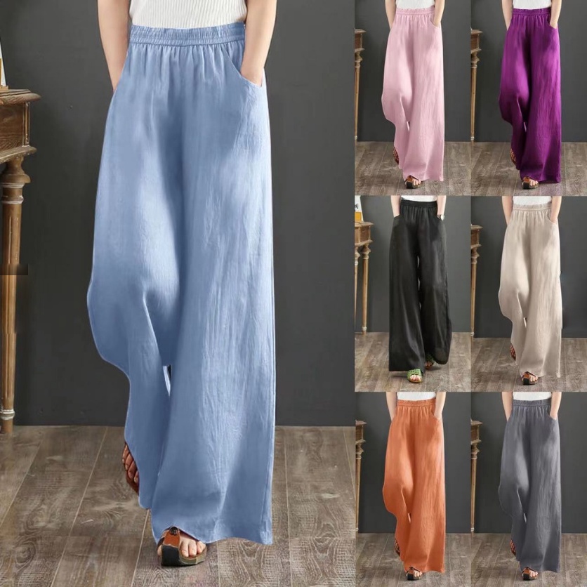 Women Cotton Linen Pants Wide Leg Elastic High Waisted Long Pants