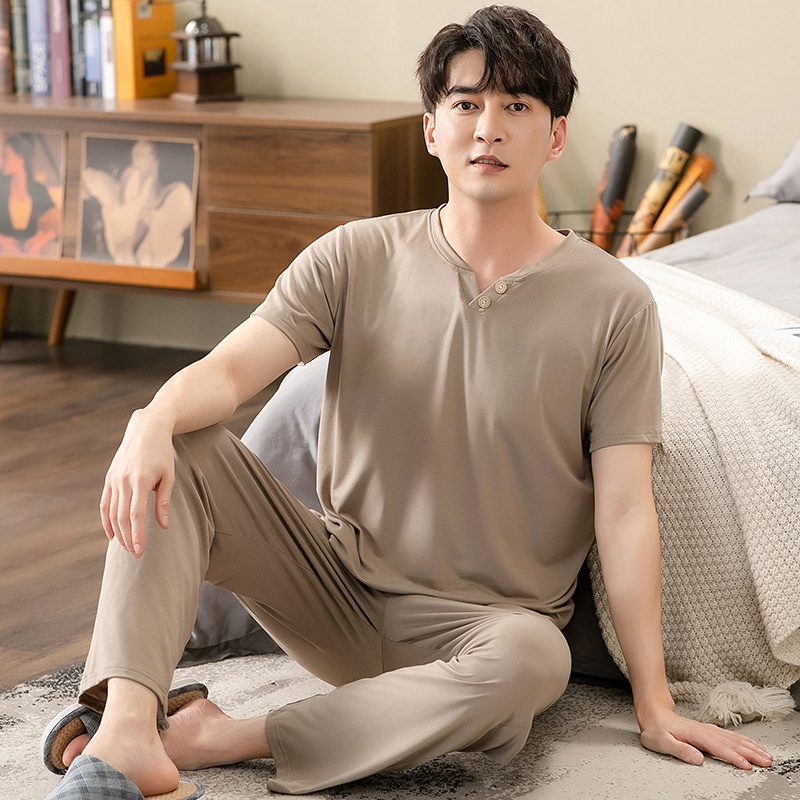 Man M-4XL Summer Model Pajamas Men Cool Casual Pyjamas Short Sleeve Sleepwear Long Pants Male Suit Baju Tidur Lelaki Set
