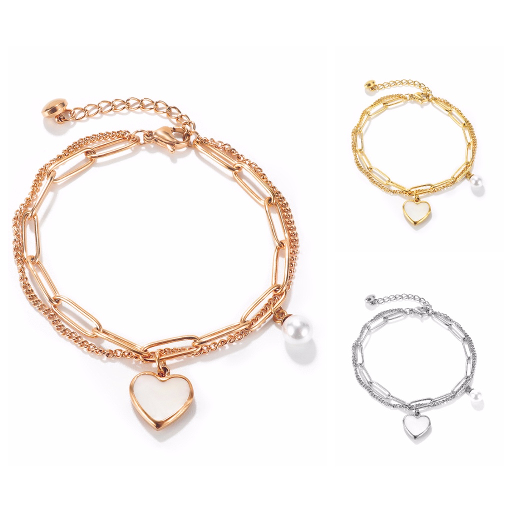 Women Men Jewelry Titanium Steel cold Double-layer temperament all-match peach heart pearl Bracelet so017