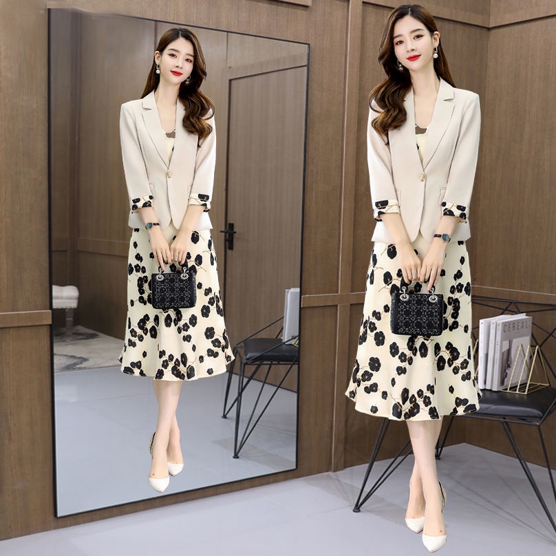 Fashion Women Suit 2021 Autumn New Korean Casual Blazer Set Office/Formal Wear Ladies Women Clothing Plus Size Thin Casual Blazer + Chiffon Floral Dress