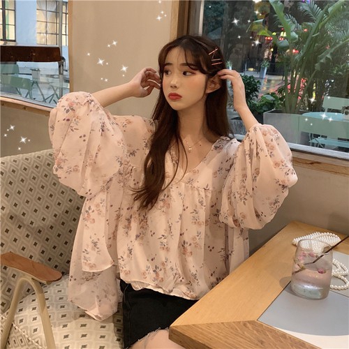 Floral Print Long Sleeve Chiffon Shirt，cheap borong of Koreanfashion women's clothing 1205