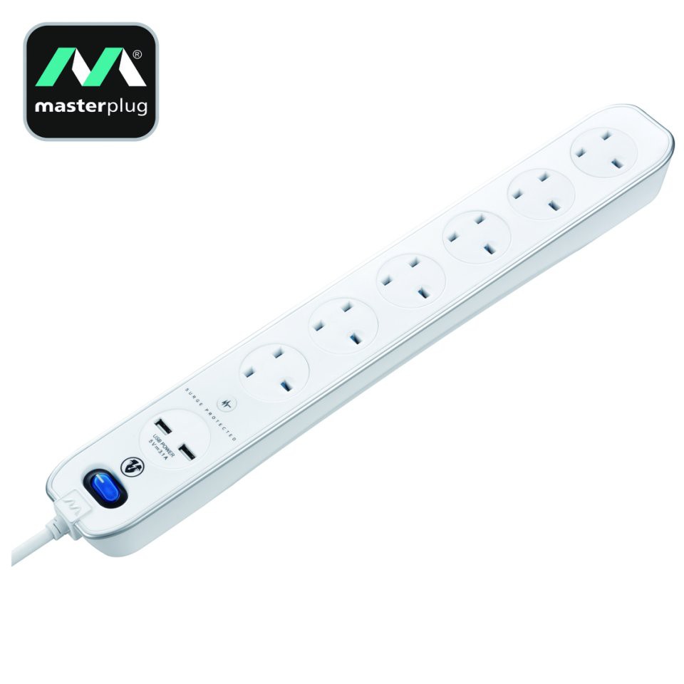 Masterplug Power switch with Surge Protection indicator, 2x3.1A USB, 6 ...