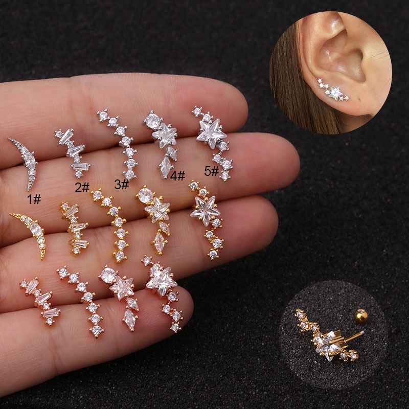 1PC Cz Curved Cartilage Piercing Jewelry 20g Stainless Steel Helix Earring Tragus Rook Conch Screw Back Stud
