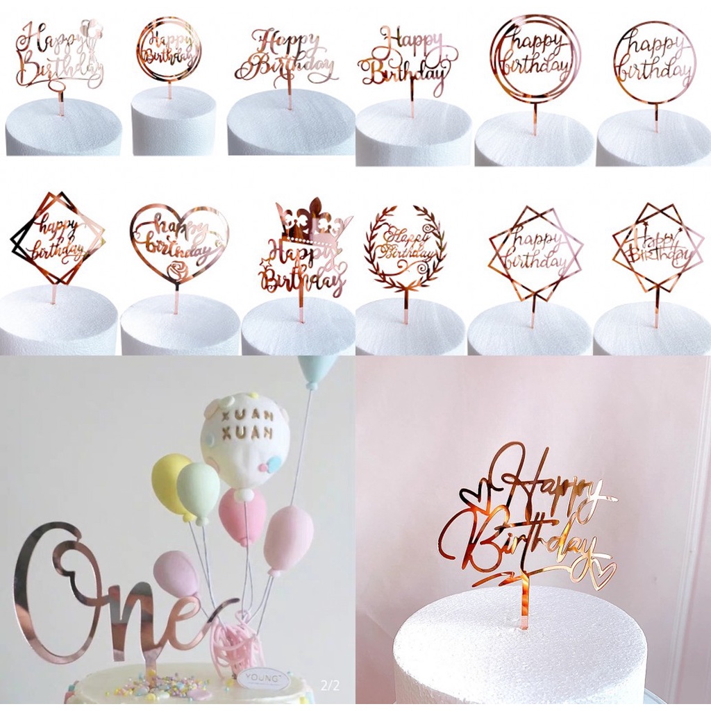 Rose Gold Happy Birthday Cake Topper Rose Gold Heart Birthday Acrylic ...