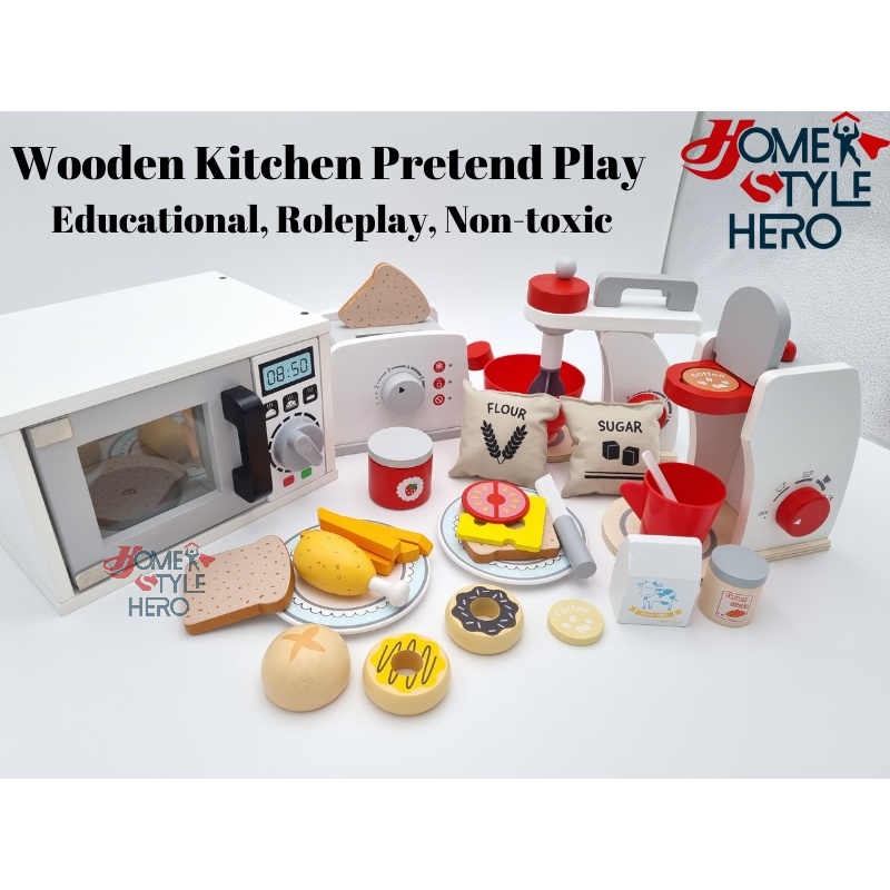 [SG Stock] Wooden Kitchen Pretend Play Kids Toddler Roleplay House Toys Toaster Mixer Coffee Machine Microwave Set