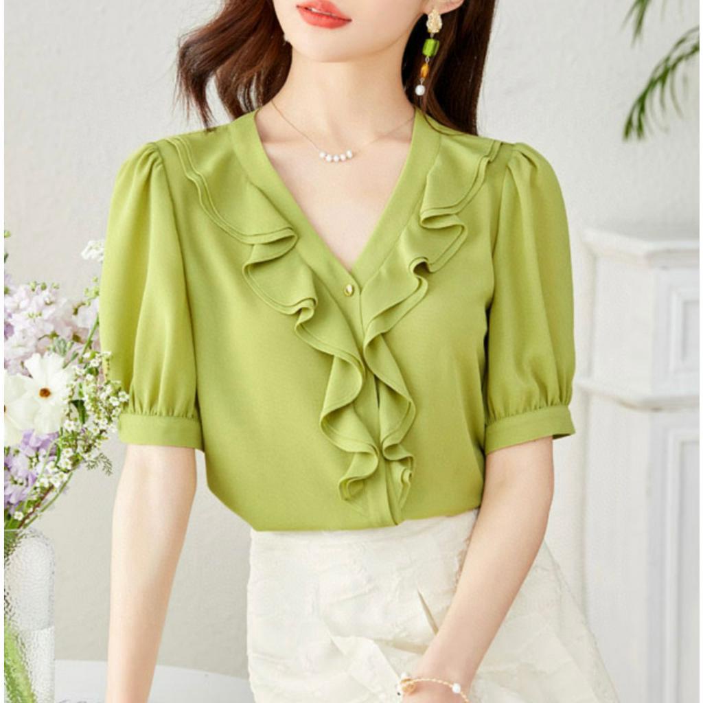 Yimu Women's Clothing Wholesale Real Silk Solid Color V-Neck Short-Sleeved Ruffled Shirt Women 2023 Summer New Style Cover Belly Slimmer Look Top Versatile