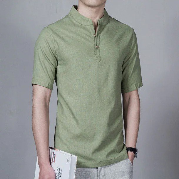 Fashion Casual Stand-Up Collar Short-Sleeved Solid Color Cotton And Linen Shirt All-Match Top Trend T-Shirt Multi-Color Optional Men'S Clothing