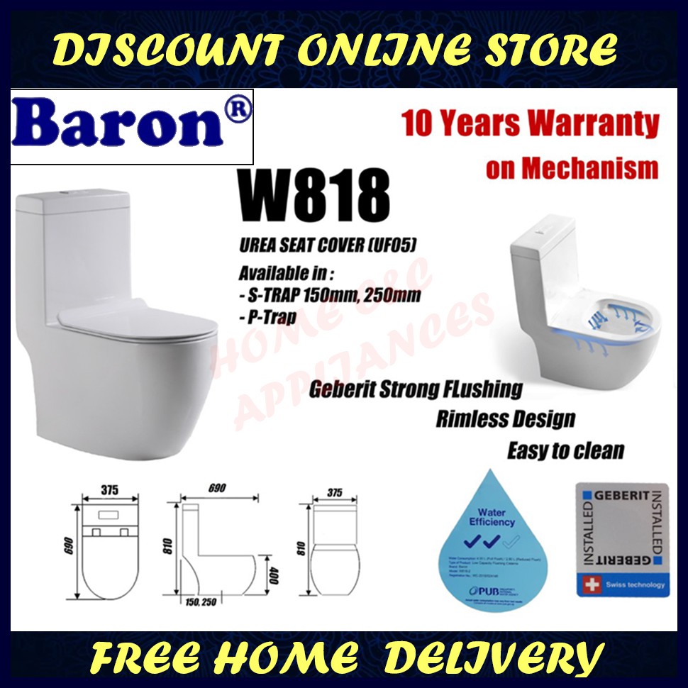 Baron Toilet bowl W818 Rimless with 10 years warranty on Mechanism