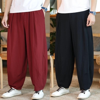 Harem Pants For Men Casual Slim Sports Pants Calf-Length Linen Trousers  Baggy Harem Pants Black